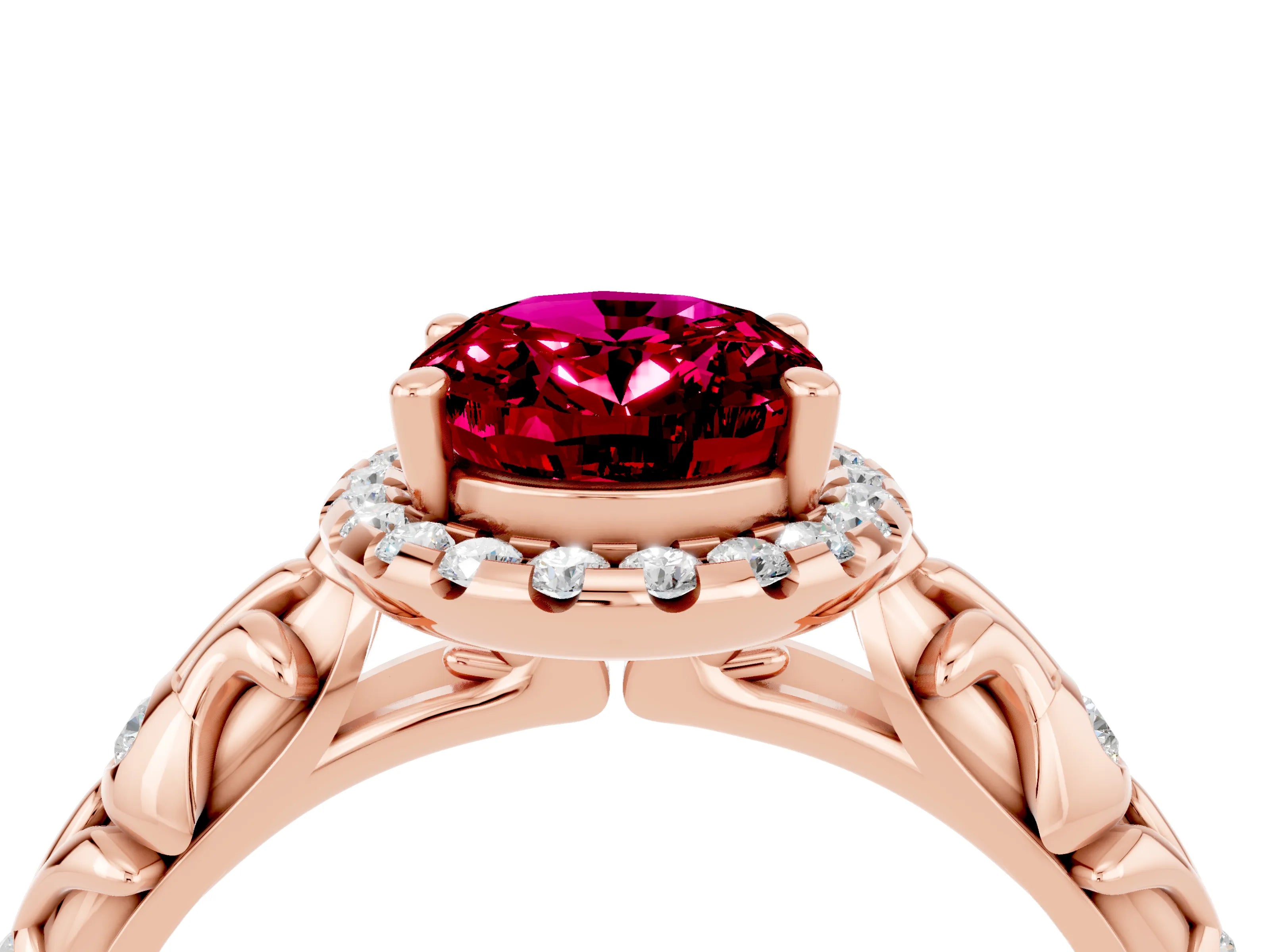 Rose gold Oval Cut Halo Diamond Solitaire with Filigree Band and Four-Prong Setting_4