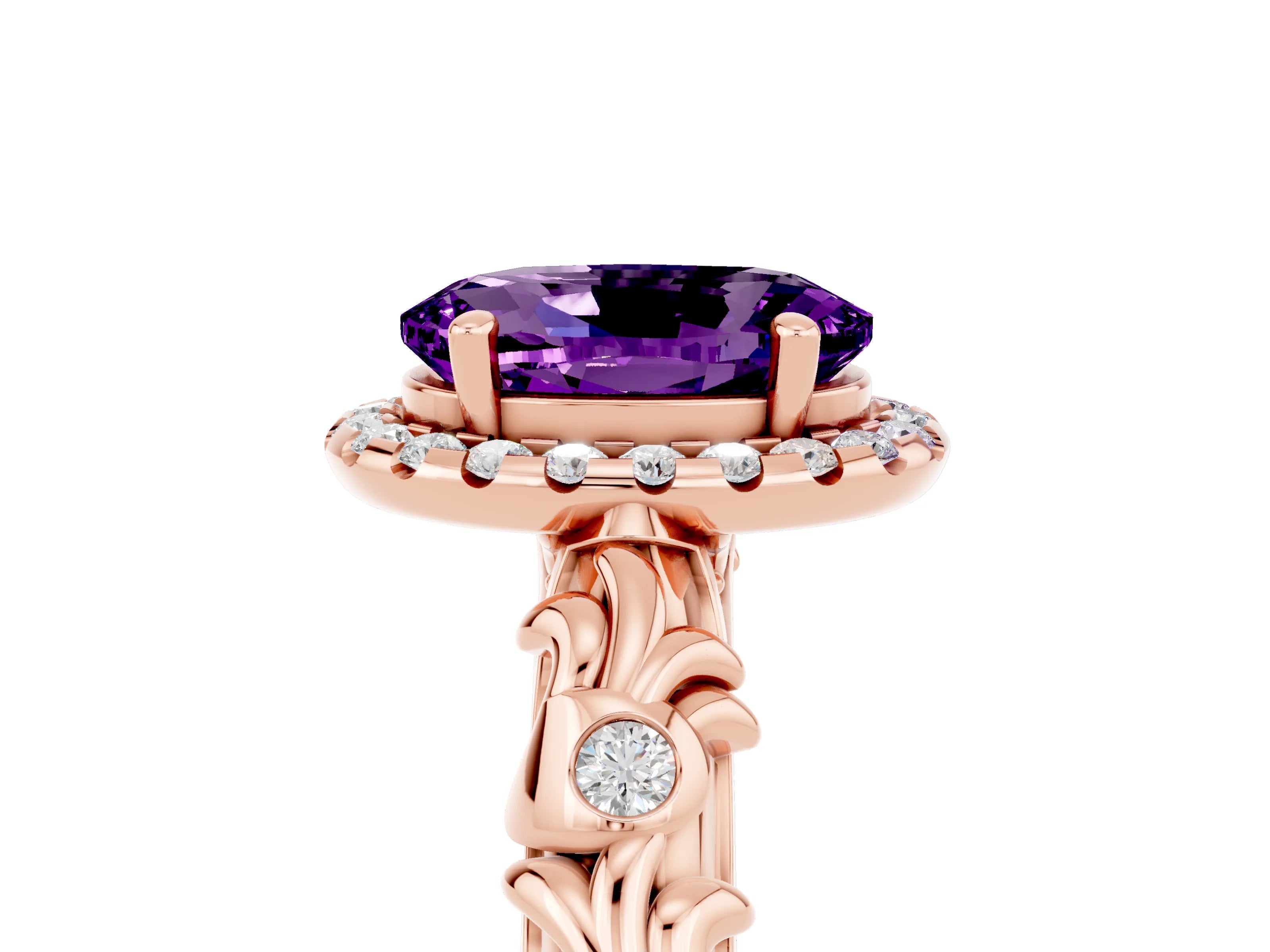 Rose gold Oval Cut Halo Diamond Solitaire with Filigree Band and Four-Prong Setting_5