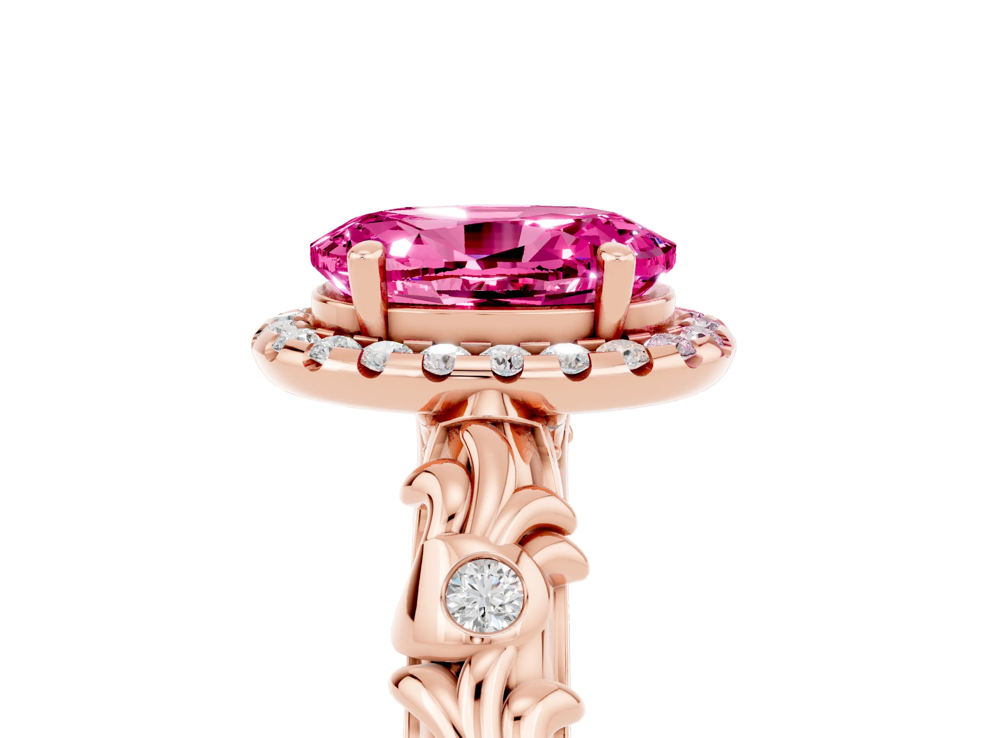 Rose gold Oval Cut Halo Diamond Solitaire with Filigree Band and Four-Prong Setting_5