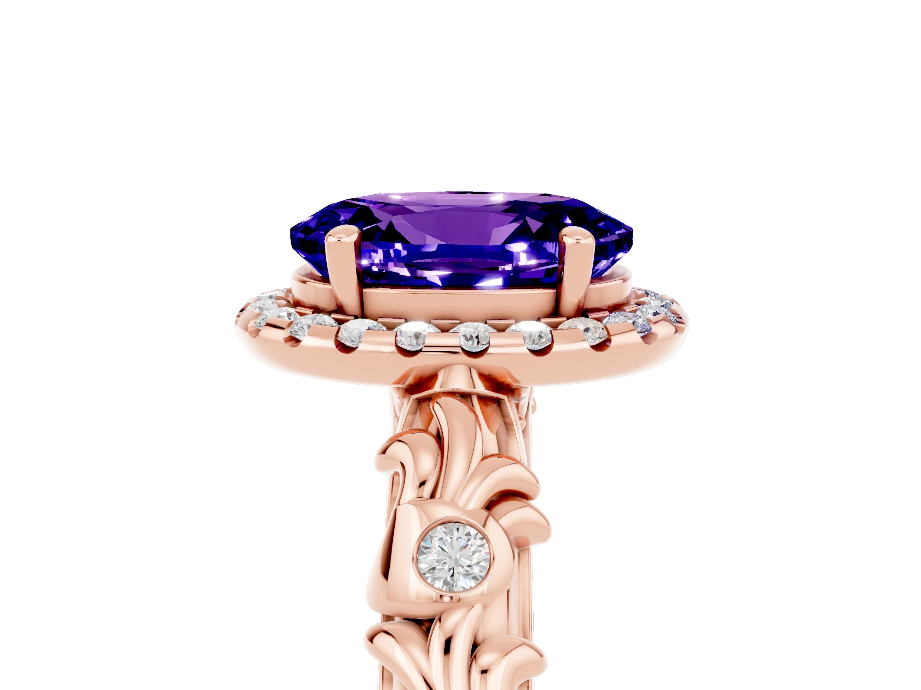 Rose gold Oval Cut Halo Diamond Solitaire with Filigree Band and Four-Prong Setting_5