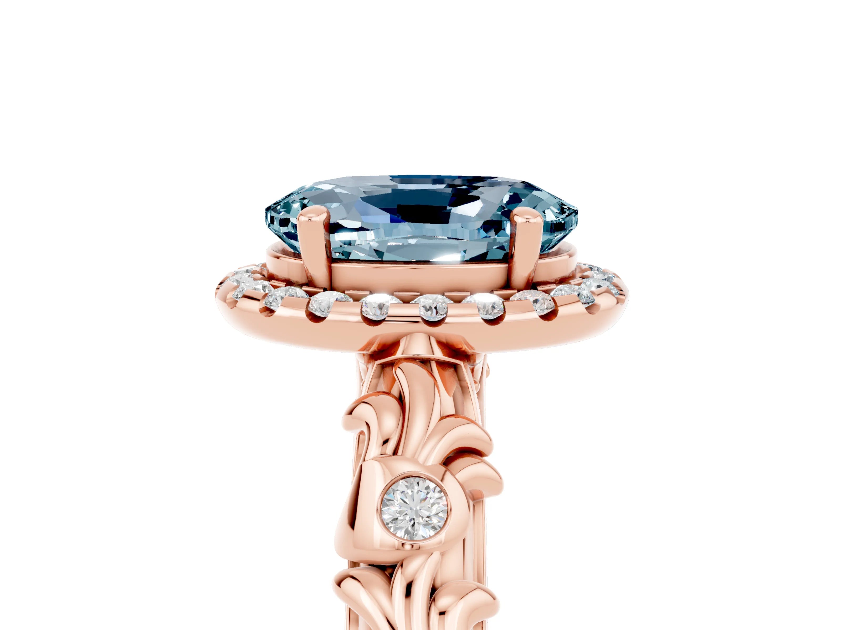 Rose gold Oval Cut Halo Diamond Solitaire with Filigree Band and Four-Prong Setting_5