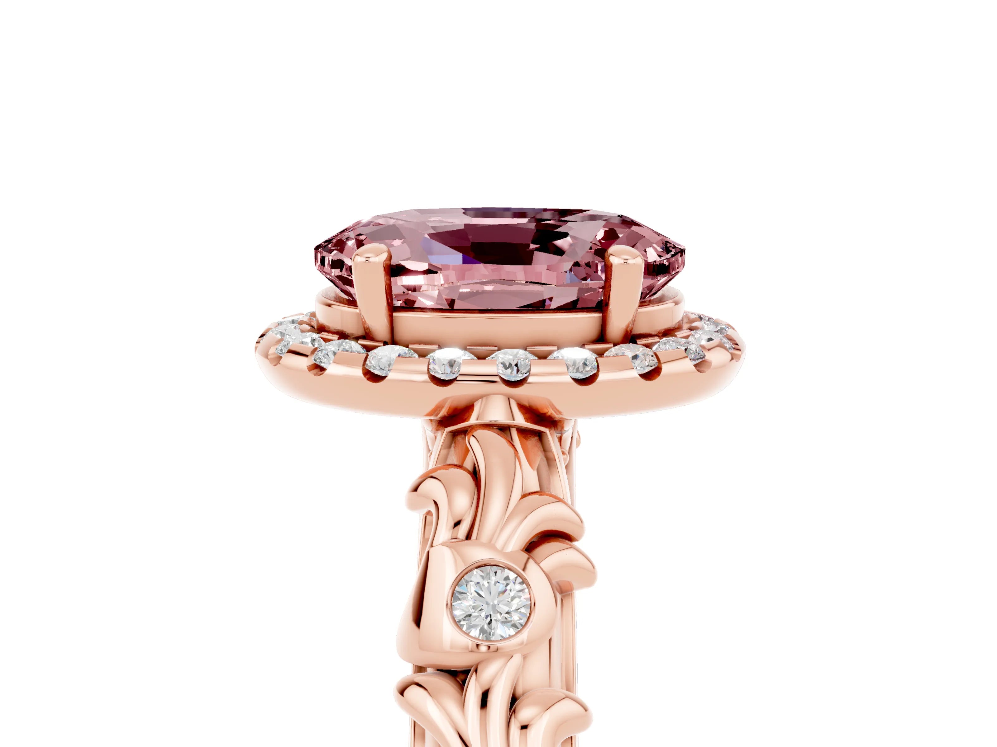 Rose gold Oval Cut Halo Diamond Solitaire with Filigree Band and Four-Prong Setting_5