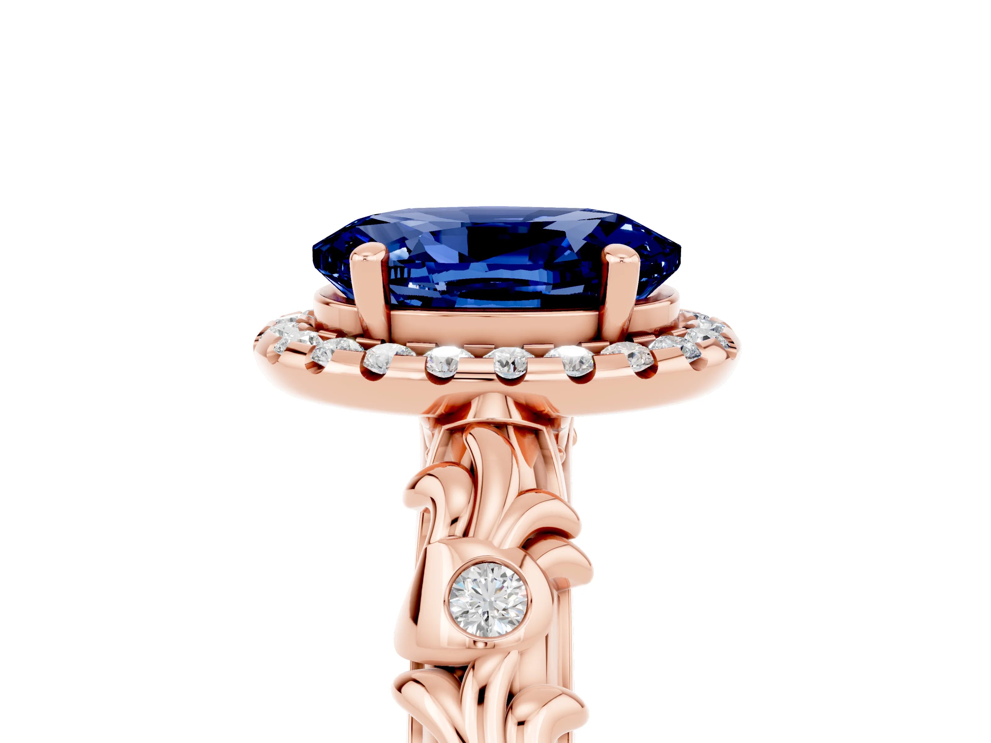 Rose gold Oval Cut Halo Diamond Solitaire with Filigree Band and Four-Prong Setting_5