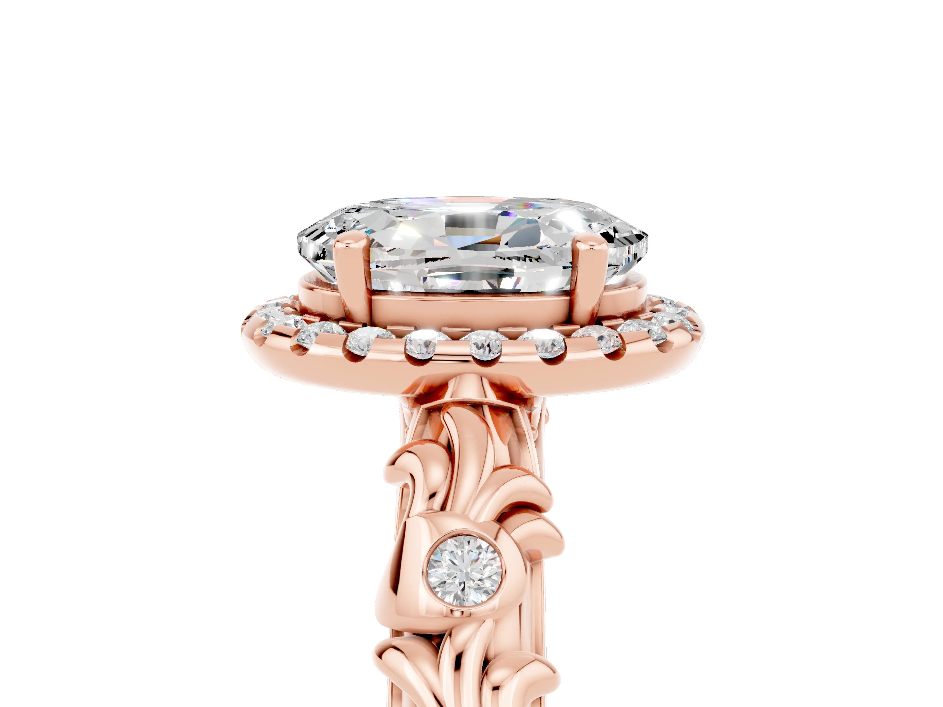 Rose gold Oval Cut Halo Diamond Solitaire with Filigree Band and Four-Prong Setting_5