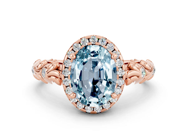 Rose gold Oval Cut Aquamarine Halo Ring with Filigree Band and Prong Setting