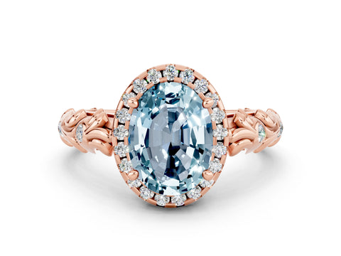 Rose gold Oval Cut Halo Diamond Solitaire with Filigree Band and Four-Prong Setting