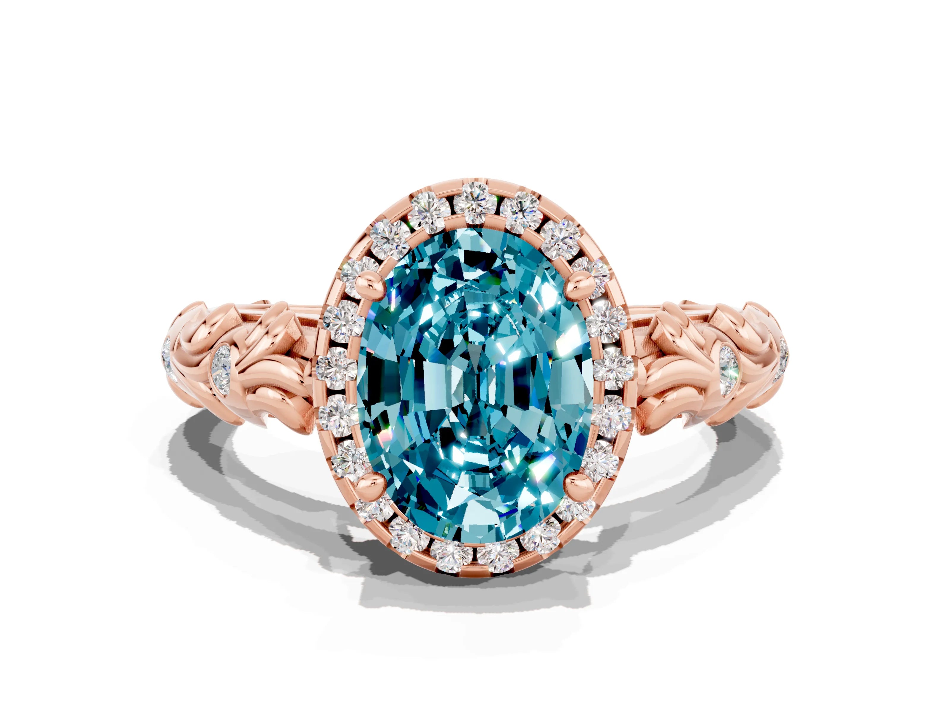 Rose gold Oval Cut Halo Diamond Solitaire with Filigree Band and Four-Prong Setting