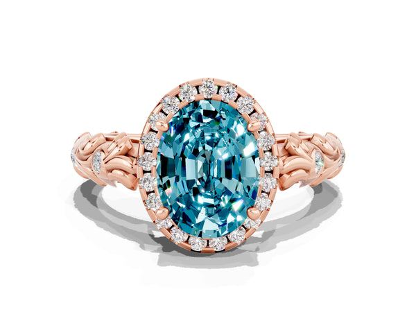 Rose gold Oval Cut Halo Diamond Solitaire with Filigree Band and Four-Prong Setting