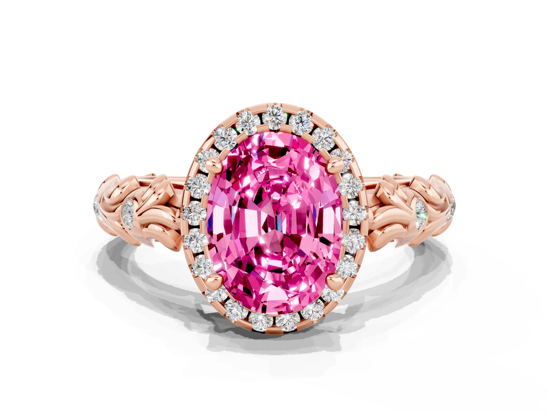 Rose gold Oval Cut Halo Diamond Solitaire with Filigree Band and Four-Prong Setting