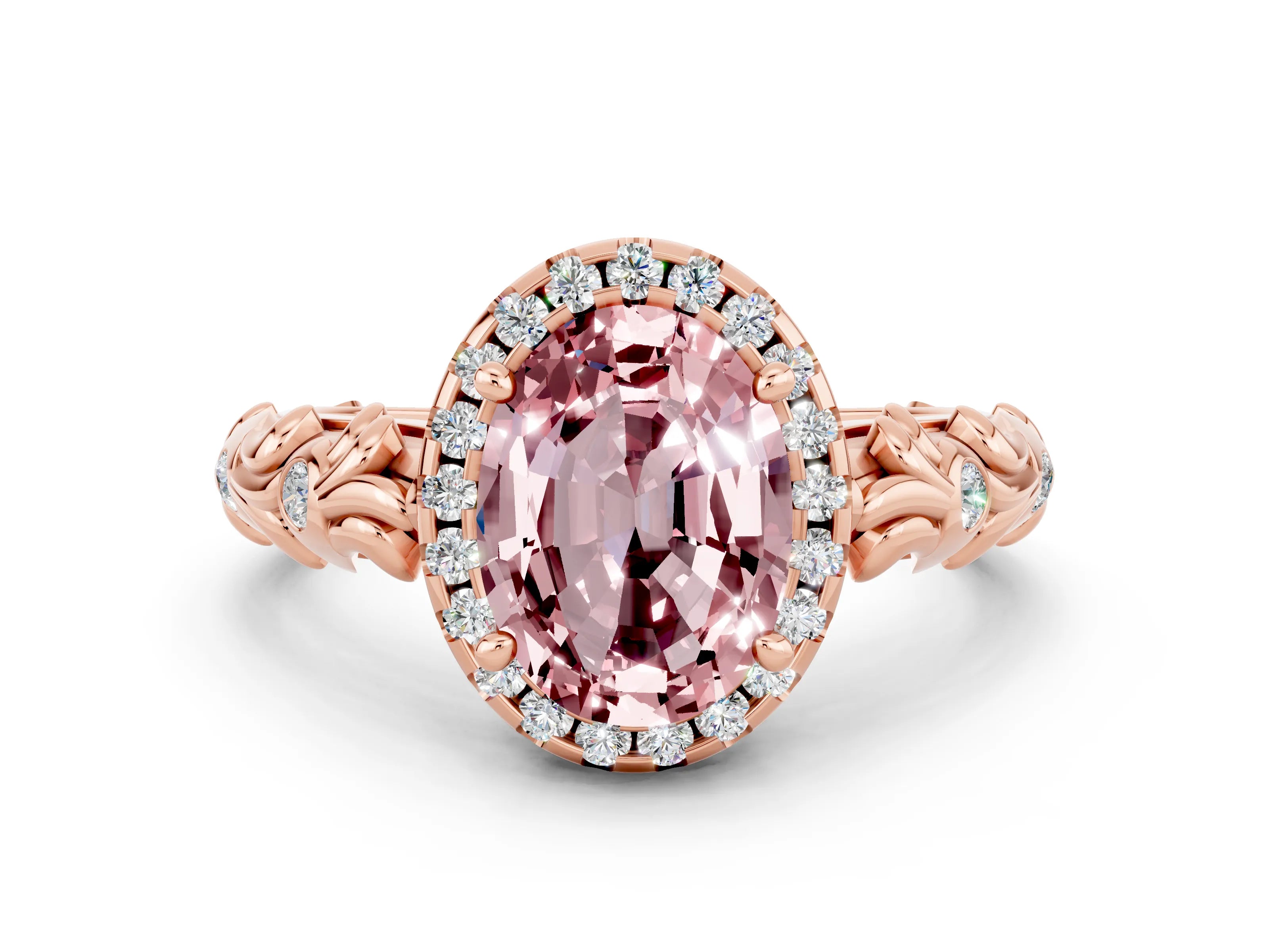 Rose gold Oval Cut Halo Diamond Solitaire with Filigree Band and Four-Prong Setting