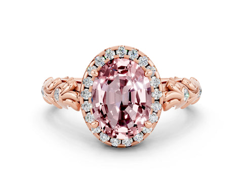 Rose gold Oval Cut Halo Diamond Solitaire with Filigree Band and Four-Prong Setting