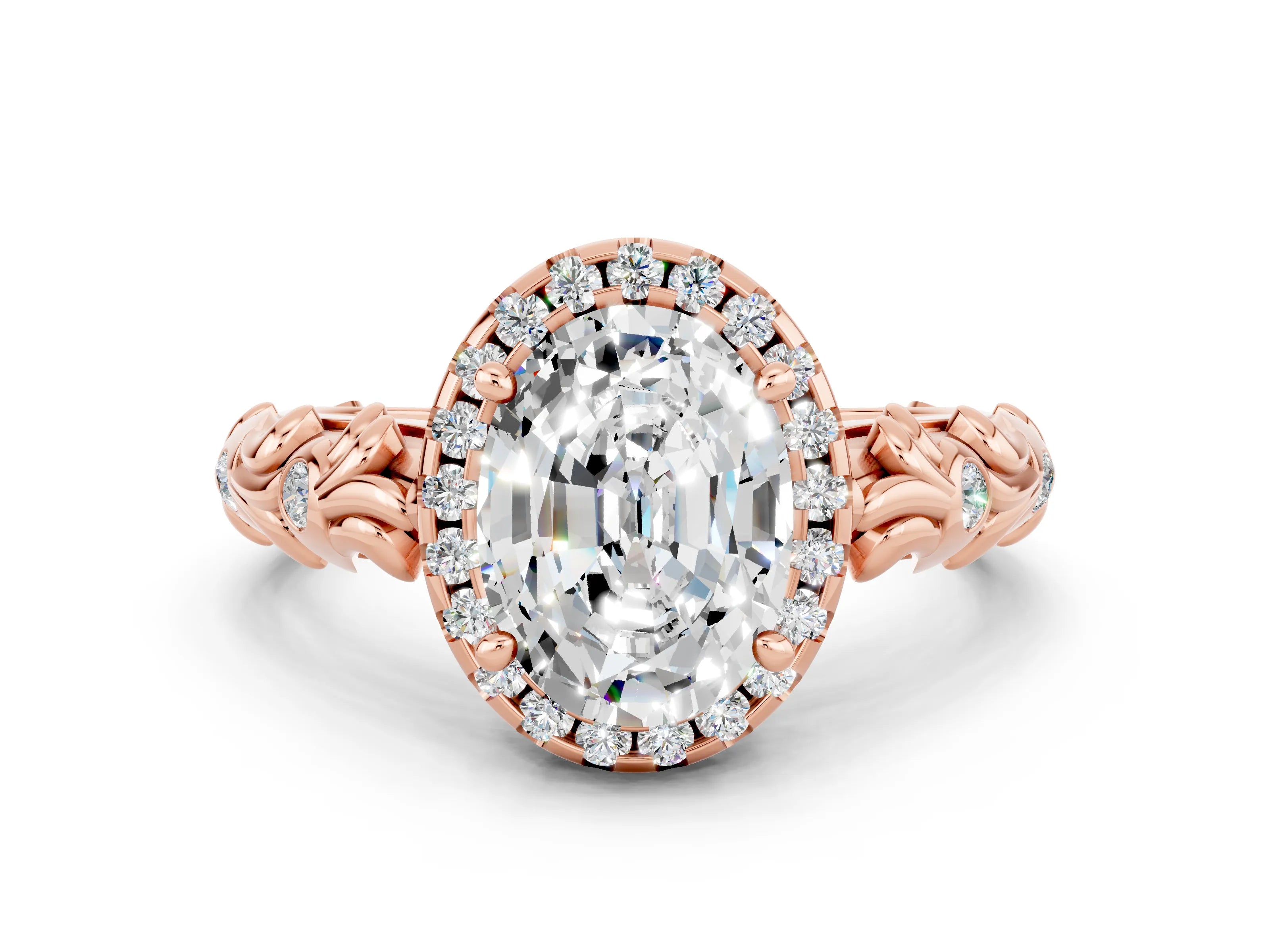 Rose gold Oval Cut Halo Diamond Solitaire with Filigree Band and Four-Prong Setting