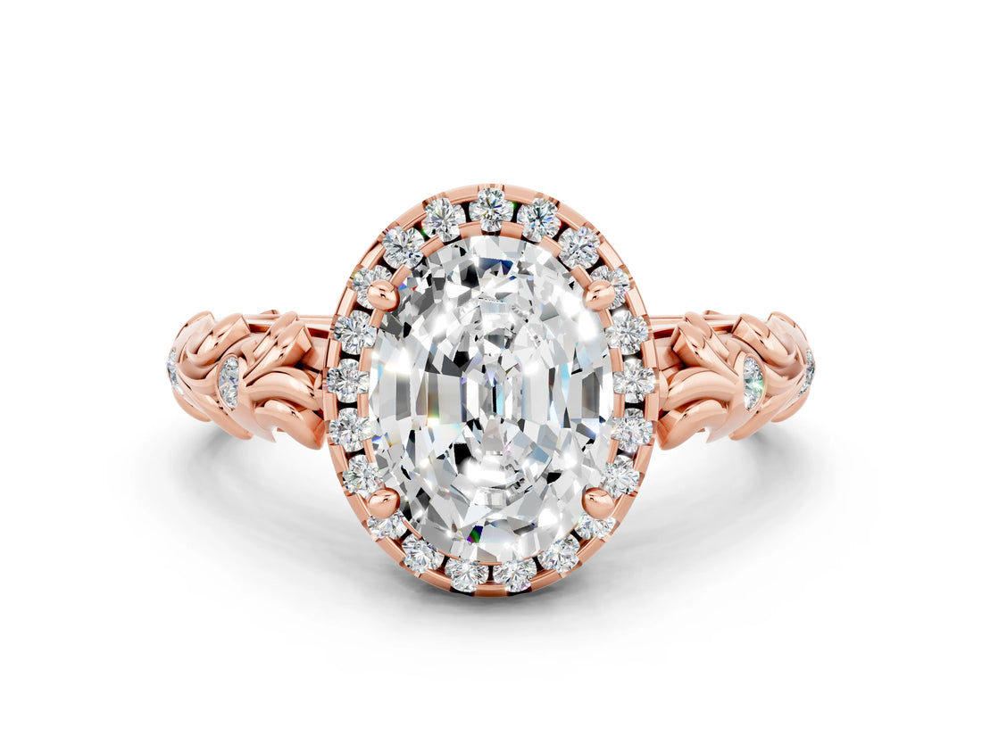 Rose gold Oval Cut Halo Diamond Solitaire with Filigree Band and Four-Prong Setting