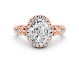 Rose gold Oval Cut Halo Diamond Solitaire with Filigree Band and Four-Prong Setting