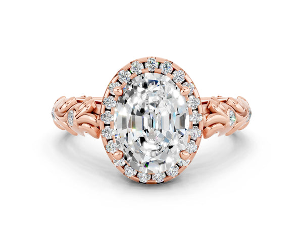 Rose gold Oval Cut Moissanite Halo Ring with Filigree Band and Prong Setting