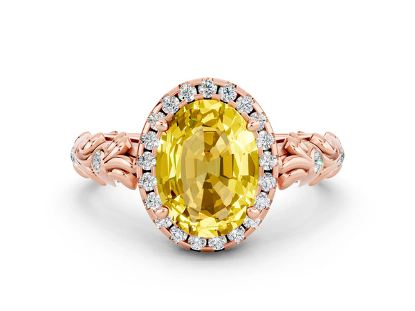 Rose gold Oval Cut Yellow Sapphire Halo Ring with Filigree Band and Prong Setting
