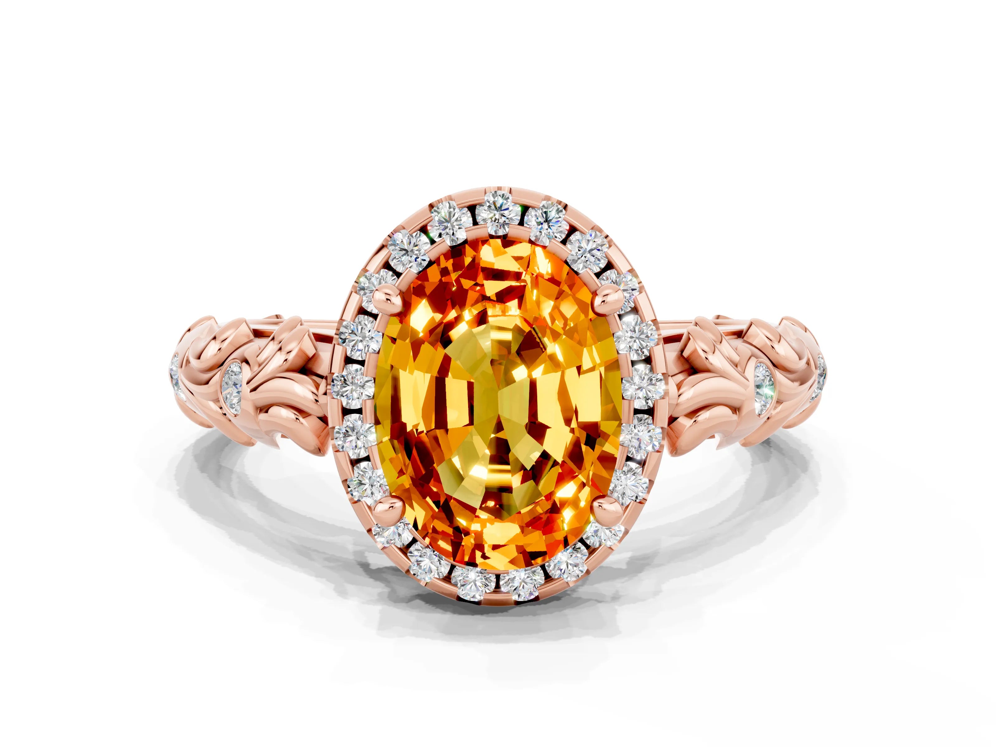 Rose gold Oval Cut Halo Diamond Solitaire with Filigree Band and Four-Prong Setting