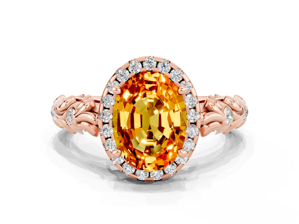 Rose gold Oval Cut Citrine Halo Ring with Filigree Band and Prong Setting