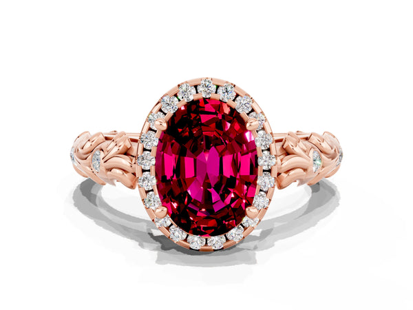 Rose gold Oval Cut Garnet Halo Ring with Filigree Band and Prong Setting