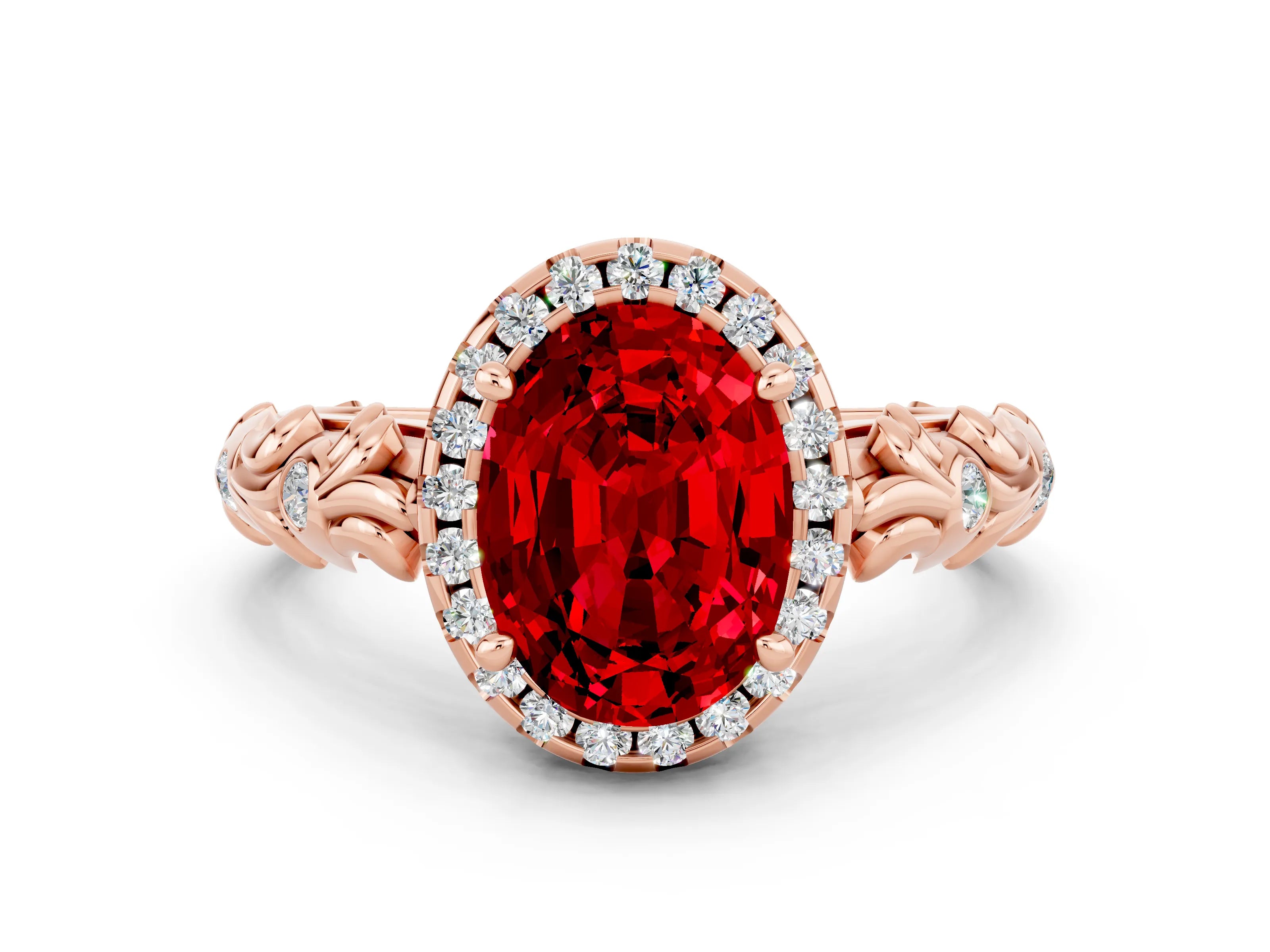 Rose gold Oval Cut Halo Diamond Solitaire with Filigree Band and Four-Prong Setting