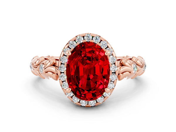 Rose gold Oval Cut Ruby Halo Ring with Filigree Band and Prong Setting