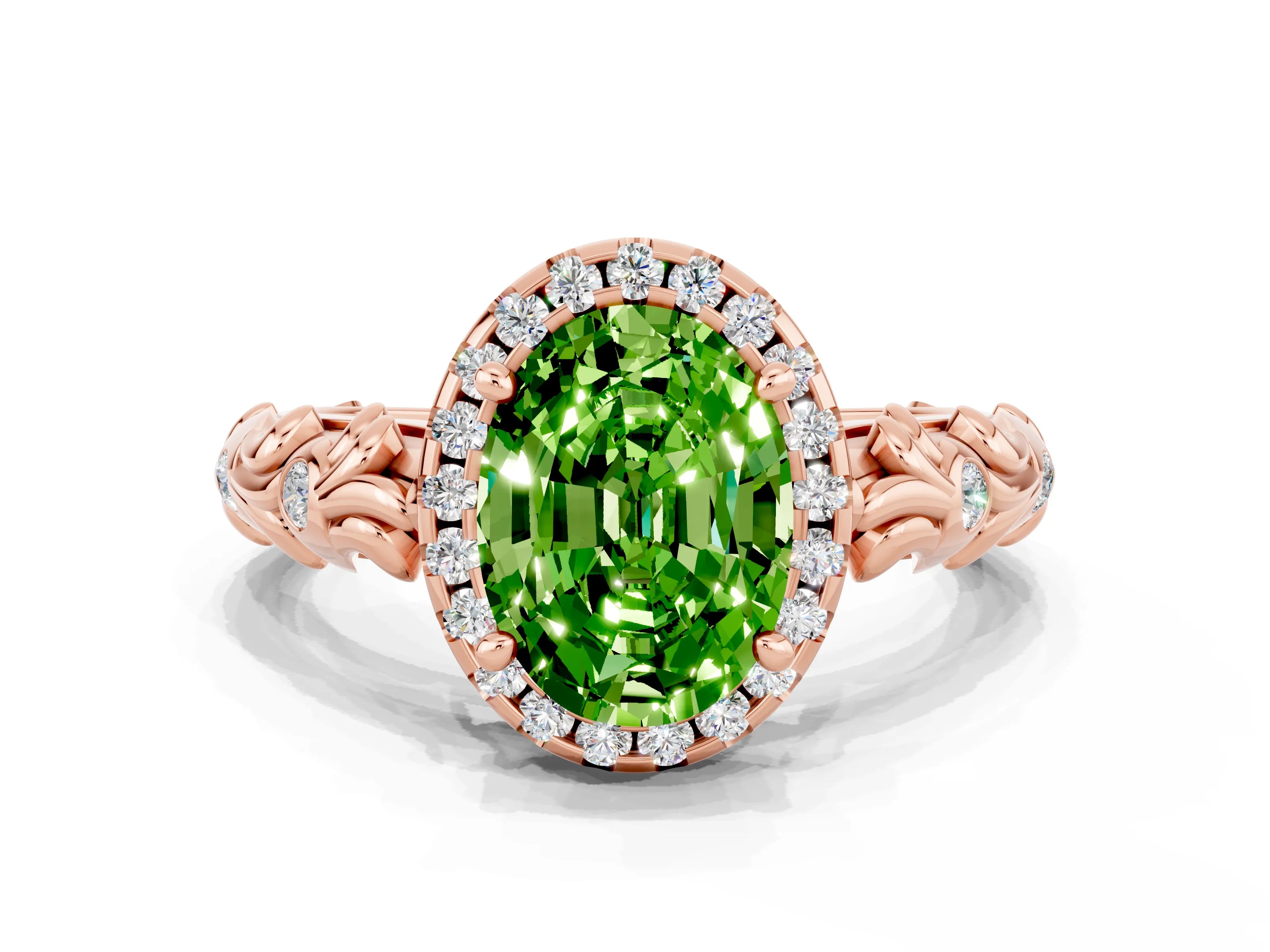 Rose gold Oval Cut Halo Diamond Solitaire with Filigree Band and Four-Prong Setting
