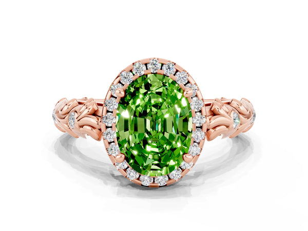 Rose gold Oval Cut Peridot Halo Ring with Filigree Band and Prong Setting