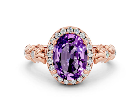 Rose gold Oval Cut Halo Diamond Solitaire with Filigree Band and Four-Prong Setting