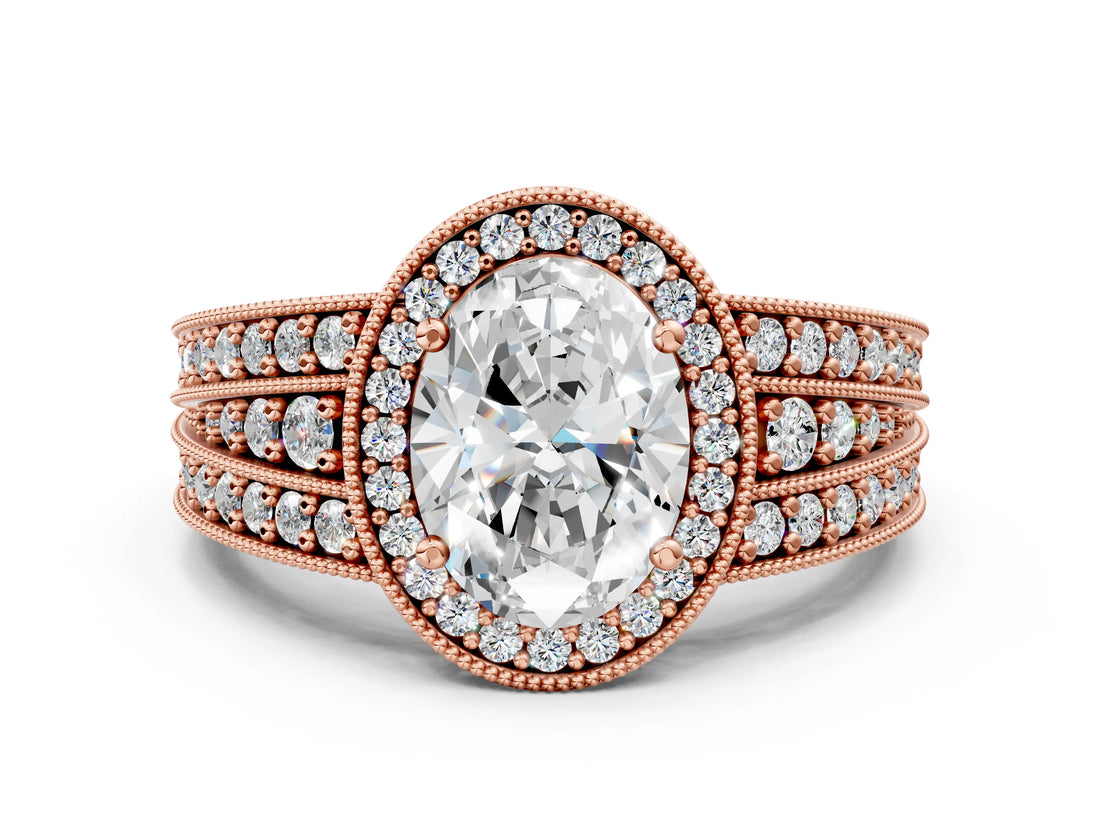 Rose gold Oval Cut Halo Diamond Split Shank Ring with Prong Setting_3
