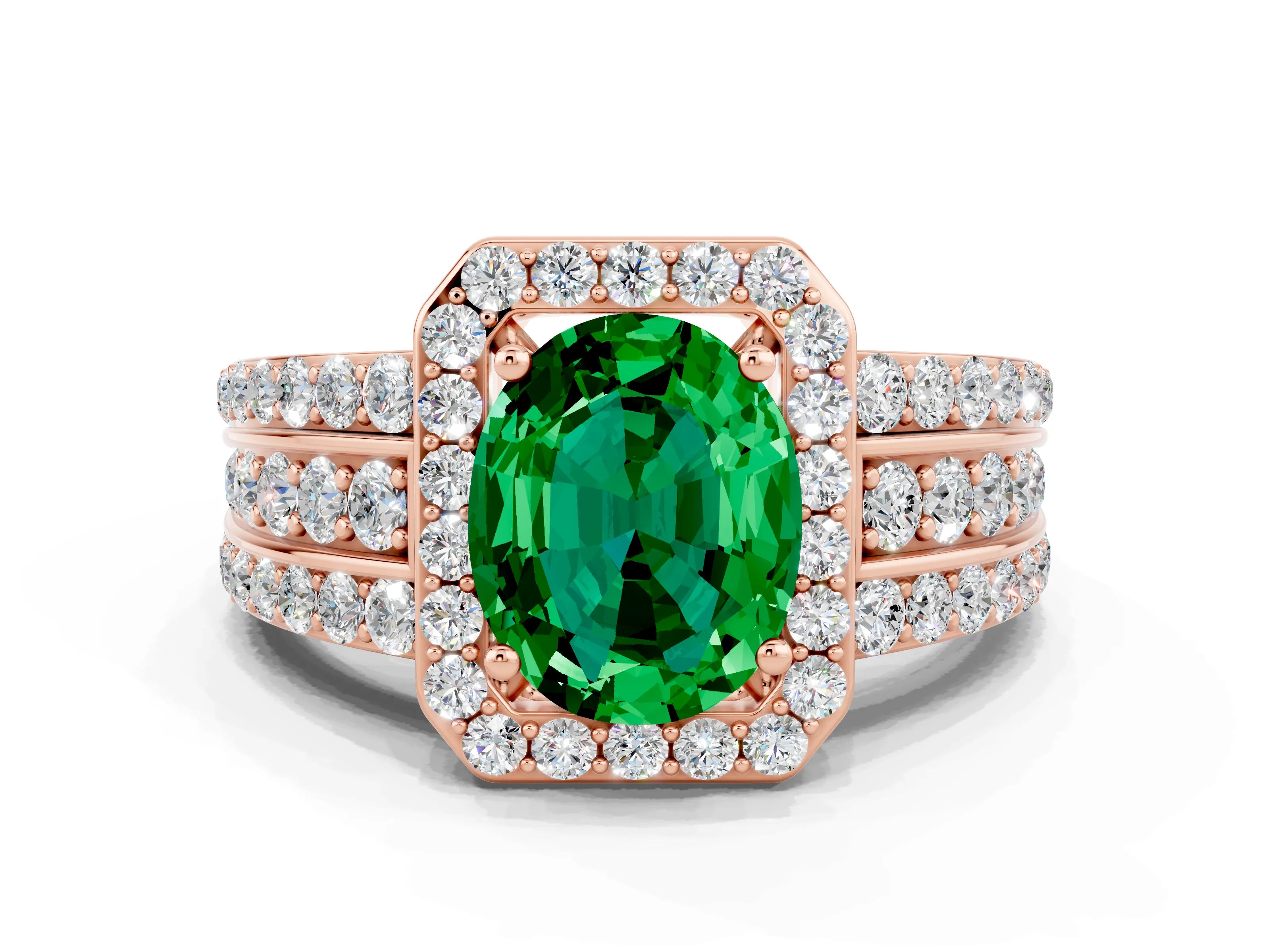 Rose gold Oval Cut Halo Emerald Ring with Split Shank and Four-Prong Setting