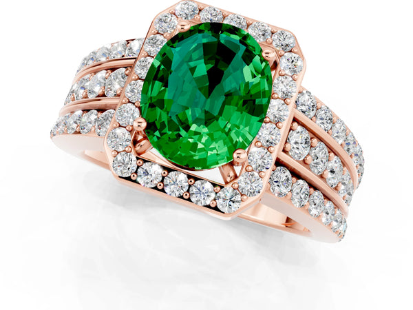 Rose gold Oval Cut Halo Emerald Ring with Round  Split Shank and Prong Setting