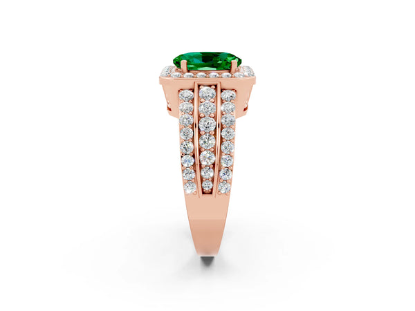 Rose gold Oval Cut Halo Emerald Ring with Round  Split Shank and Prong Setting