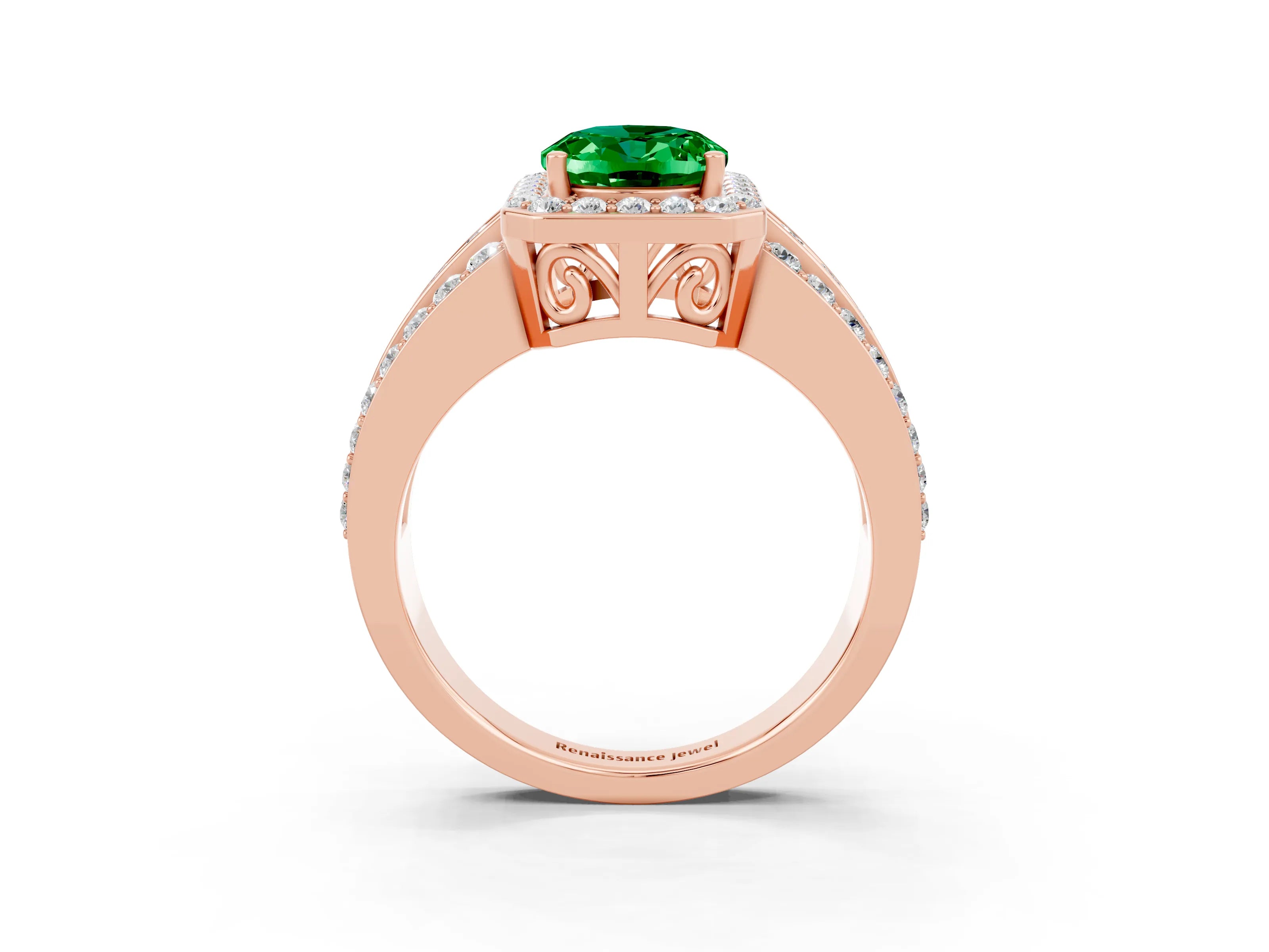 Rose gold Oval Cut Halo Emerald Ring with Split Shank and Four-Prong Setting_3