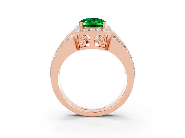 Rose gold Oval Cut Halo Emerald Ring with Round  Split Shank and Prong Setting