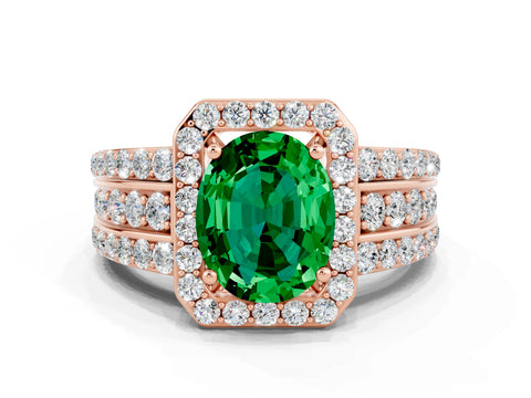 Rose gold Oval Cut Halo Emerald Ring with Split Shank and Four-Prong Setting