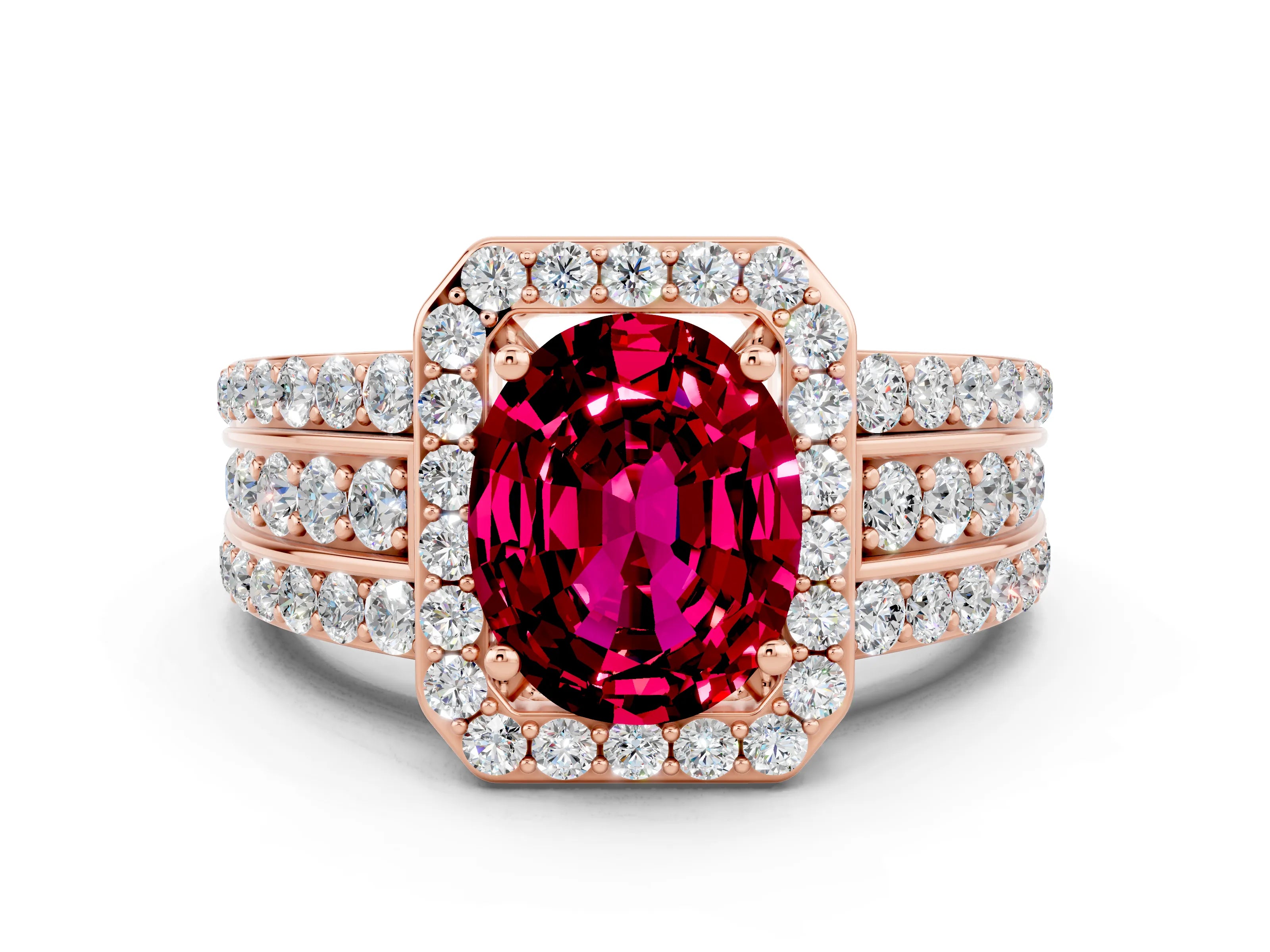 Rose gold Oval Cut Halo Garnet Ring with Split Shank and Four-Prong Setting