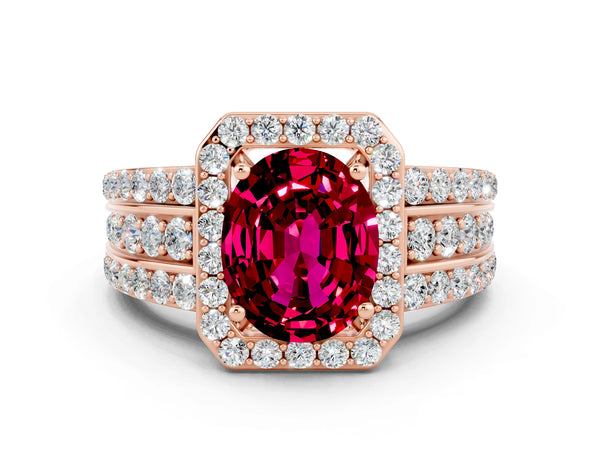 Rose gold Oval Cut Halo Garnet Ring with Round  Split Shank and Prong Setting