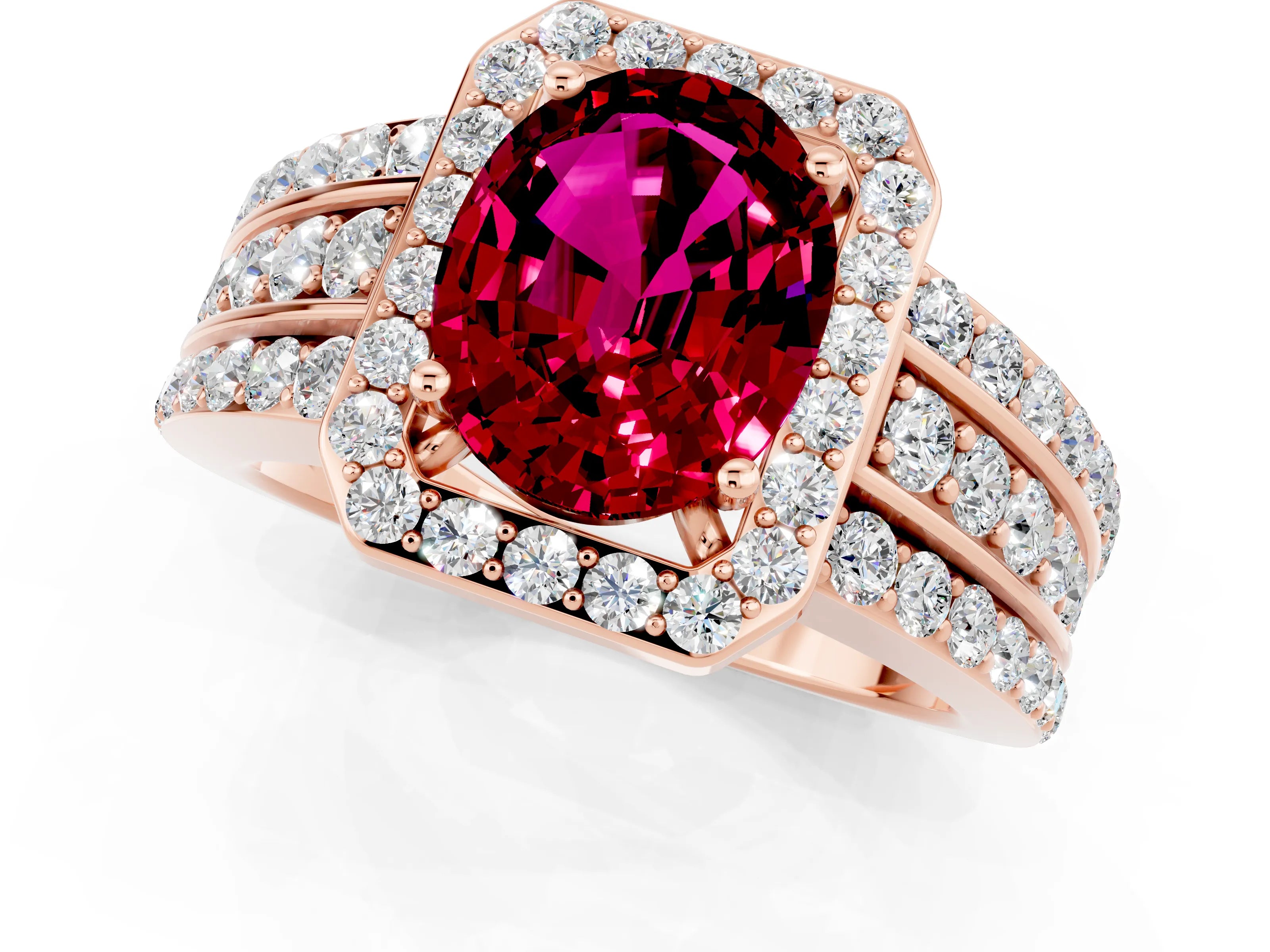 Rose gold Oval Cut Halo Garnet Ring with Split Shank and Four-Prong Setting_1