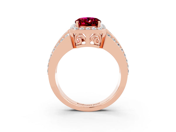 Rose gold Oval Cut Halo Garnet Ring with Round  Split Shank and Prong Setting