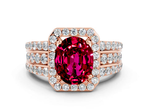 Rose gold Oval Cut Halo Garnet Ring with Split Shank and Four-Prong Setting