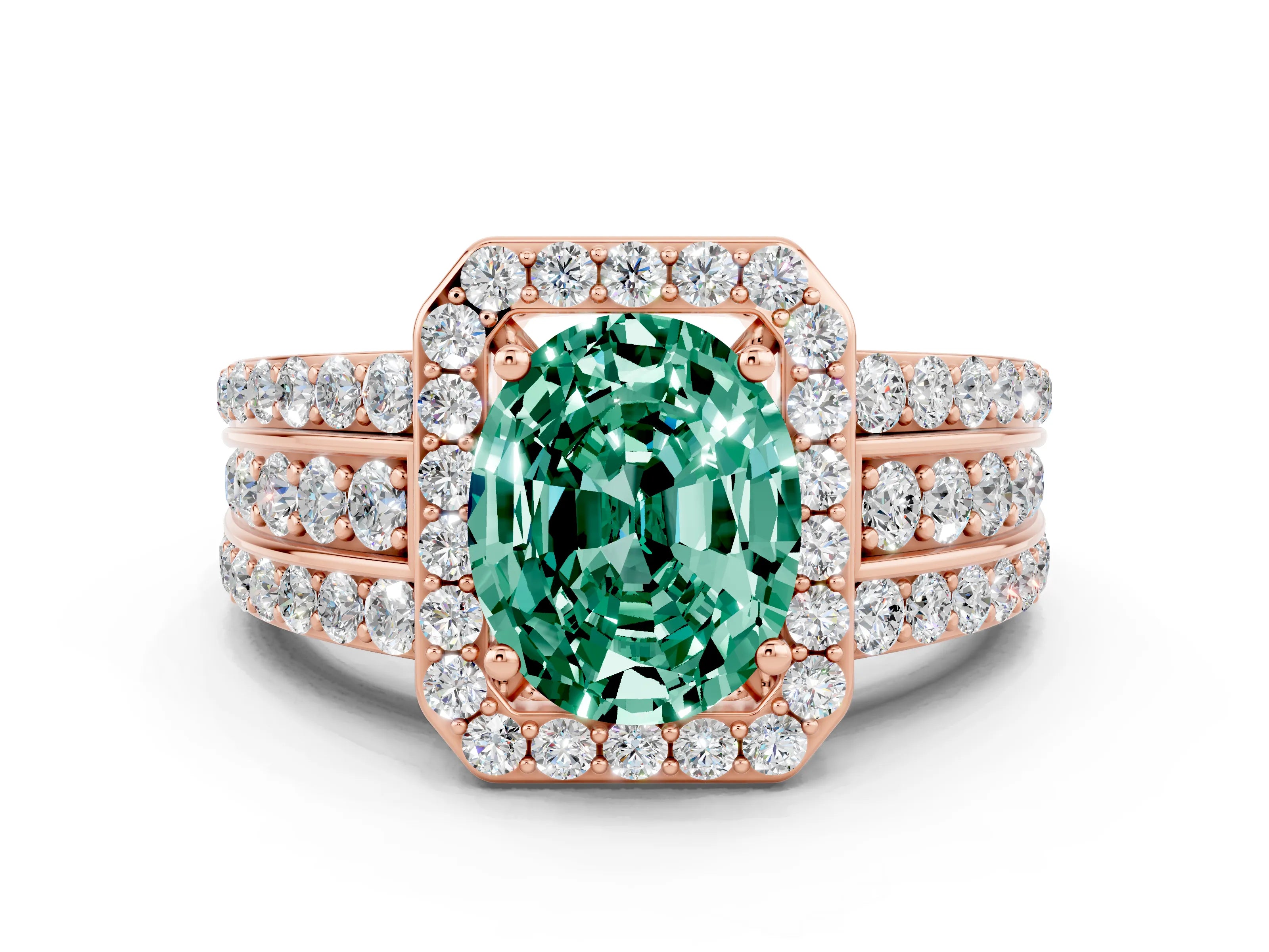 Rose gold Oval Cut Halo Green Sapphire Ring with Split Shank and Four-Prong Setting