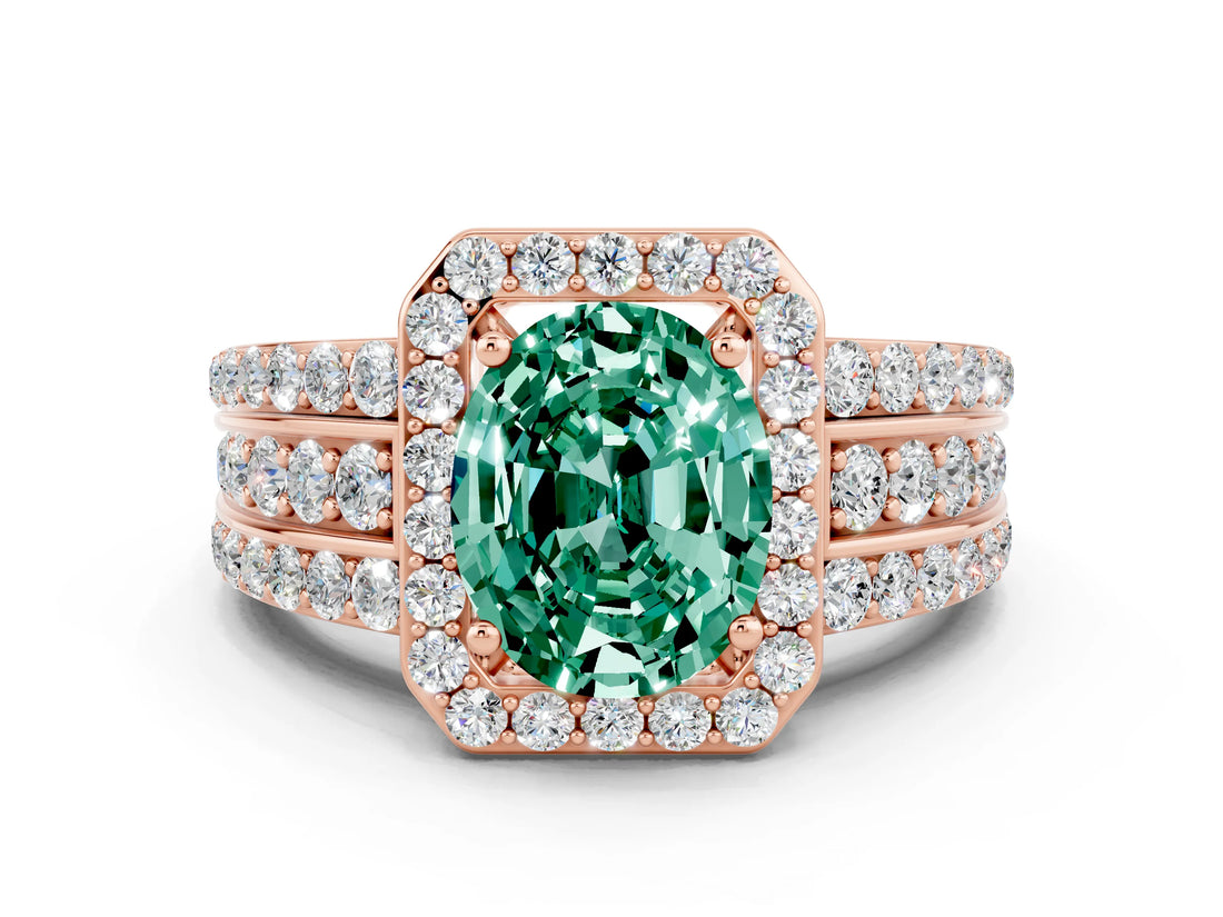 Rose gold Oval Cut Halo Green Sapphire Ring with Split Shank and Four-Prong Setting