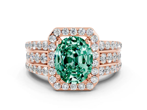 Rose gold Oval Cut Halo Green Sapphire Ring with Round  Split Shank and Prong Setting