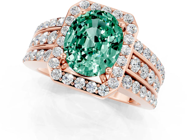 Rose gold Oval Cut Halo Green Sapphire Ring with Round  Split Shank and Prong Setting