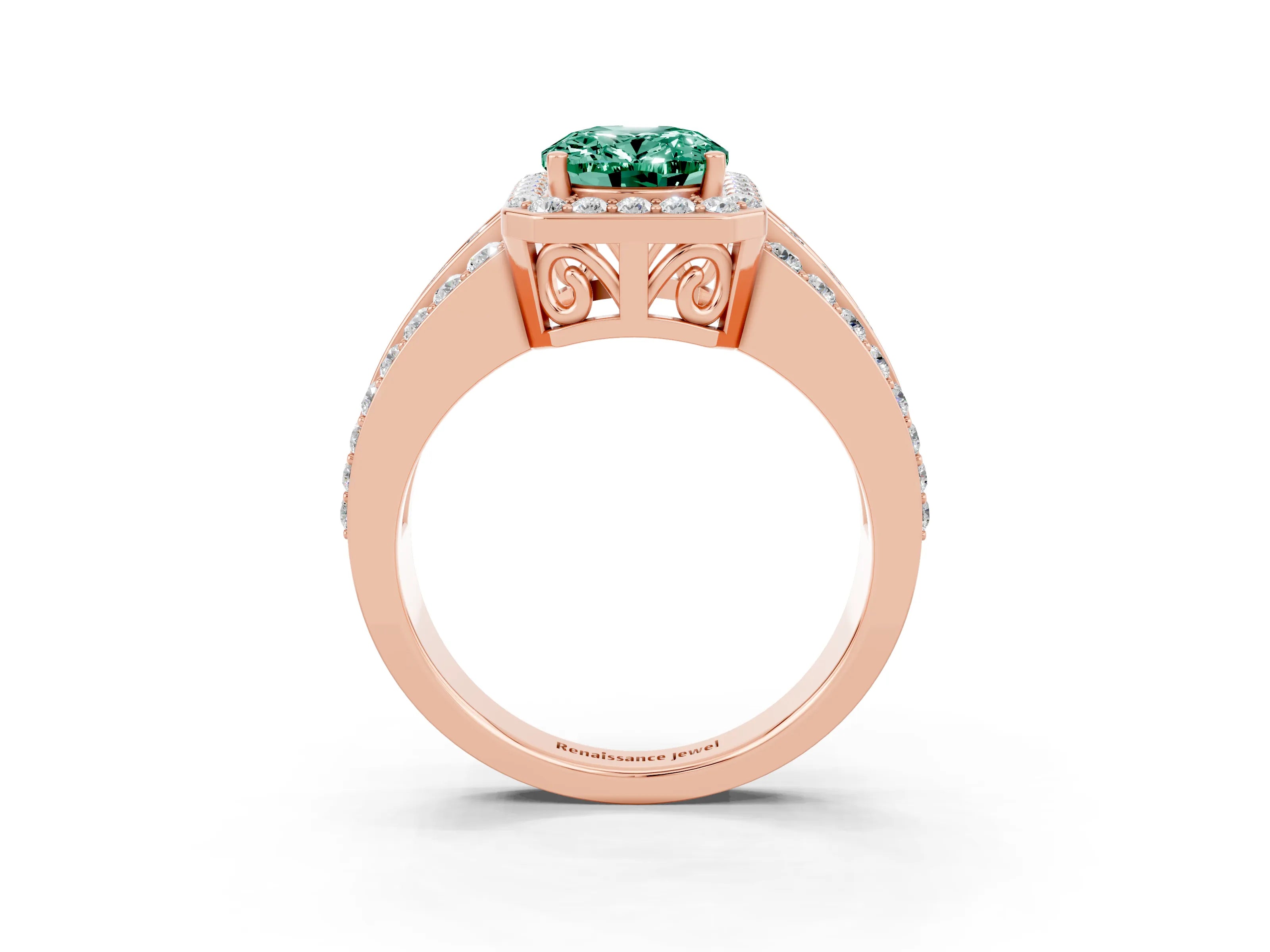 Rose gold Oval Cut Halo Green Sapphire Ring with Split Shank and Four-Prong Setting_3