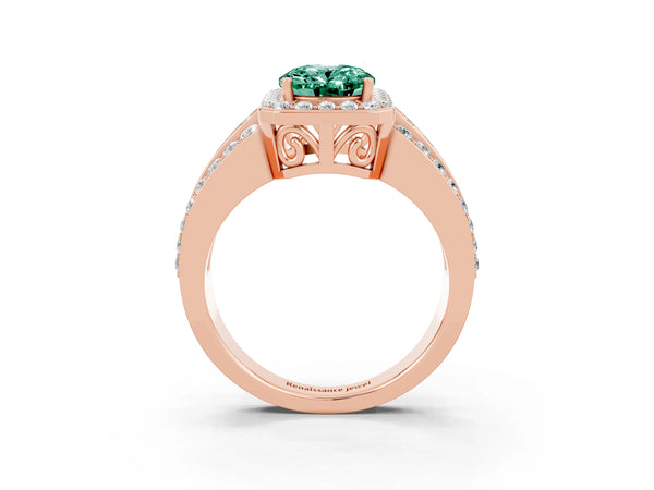 Rose gold Oval Cut Halo Green Sapphire Ring with Round  Split Shank and Prong Setting