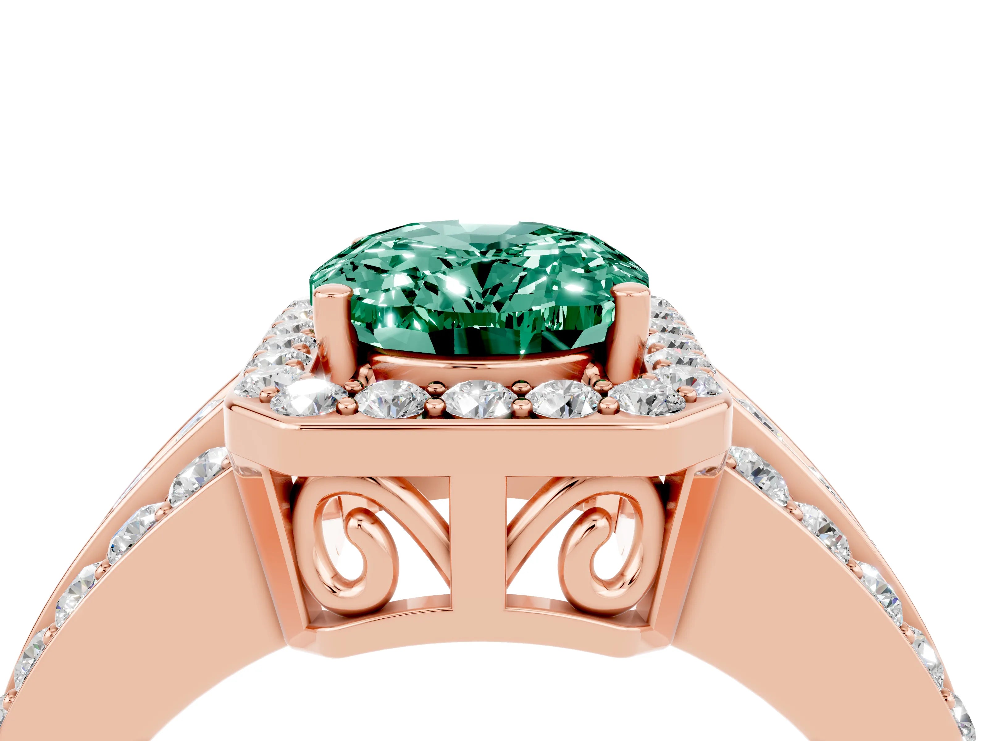 Rose gold Oval Cut Halo Green Sapphire Ring with Split Shank and Four-Prong Setting_4