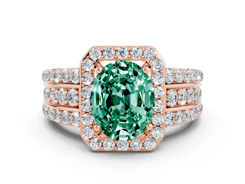 Rose gold Oval Cut Halo Green Sapphire Ring with Split Shank and Four-Prong Setting
