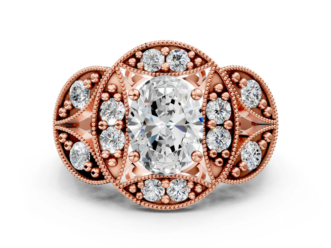 Rose gold Oval Cut Halo Milgrain Diamond Engagement Ring with Leaf Band and Four-Prong Setting_3