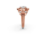 Rose gold Oval Cut Halo Milgrain Diamond Engagement Ring with Leaf Band and Four-Prong Setting_5